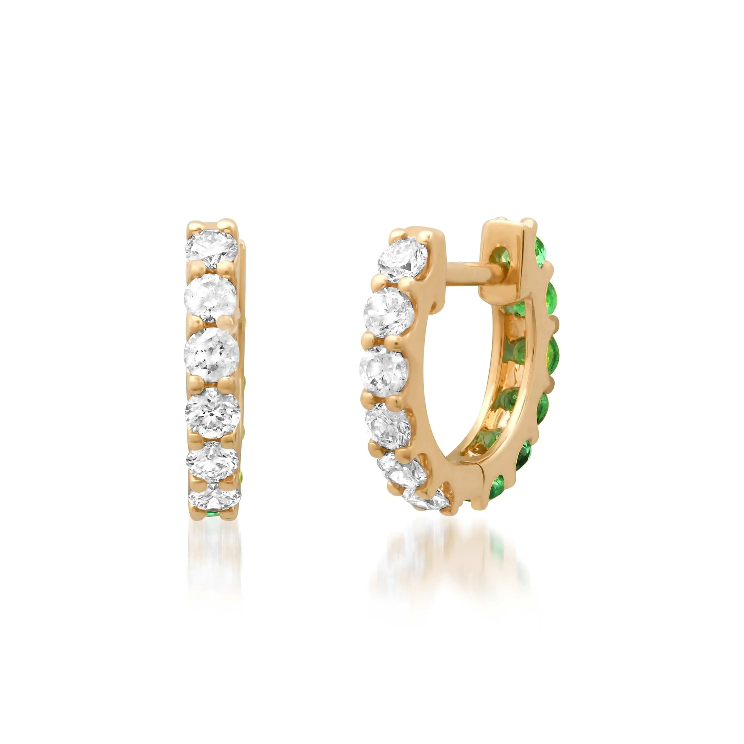 14K Gold Half & Half Emerald & Diamond Huggie Hoops Earrings