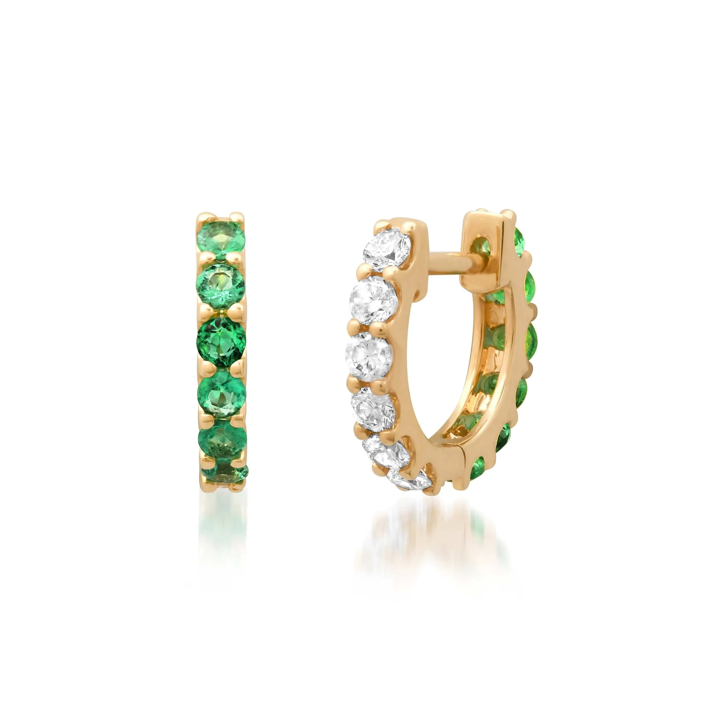 14K Gold Half & Half Emerald & Diamond Huggie Hoops Earrings