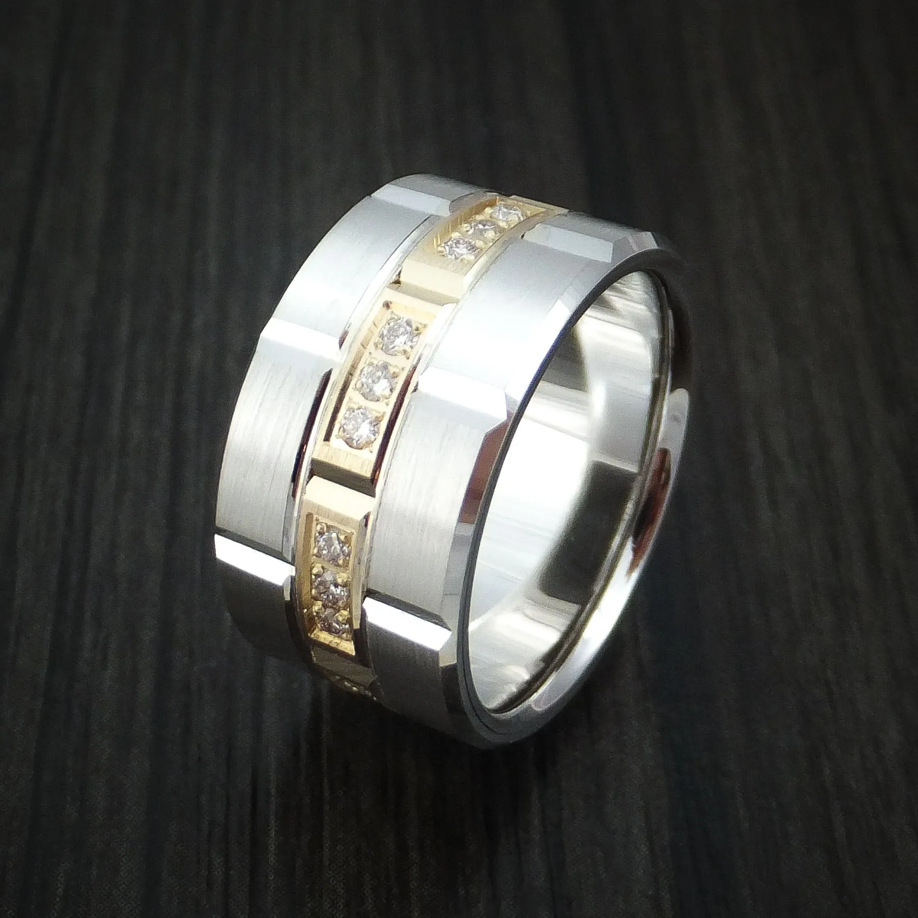 14K White Gold and Yellow Gold Band with Diamonds Custom Made Men's Ring