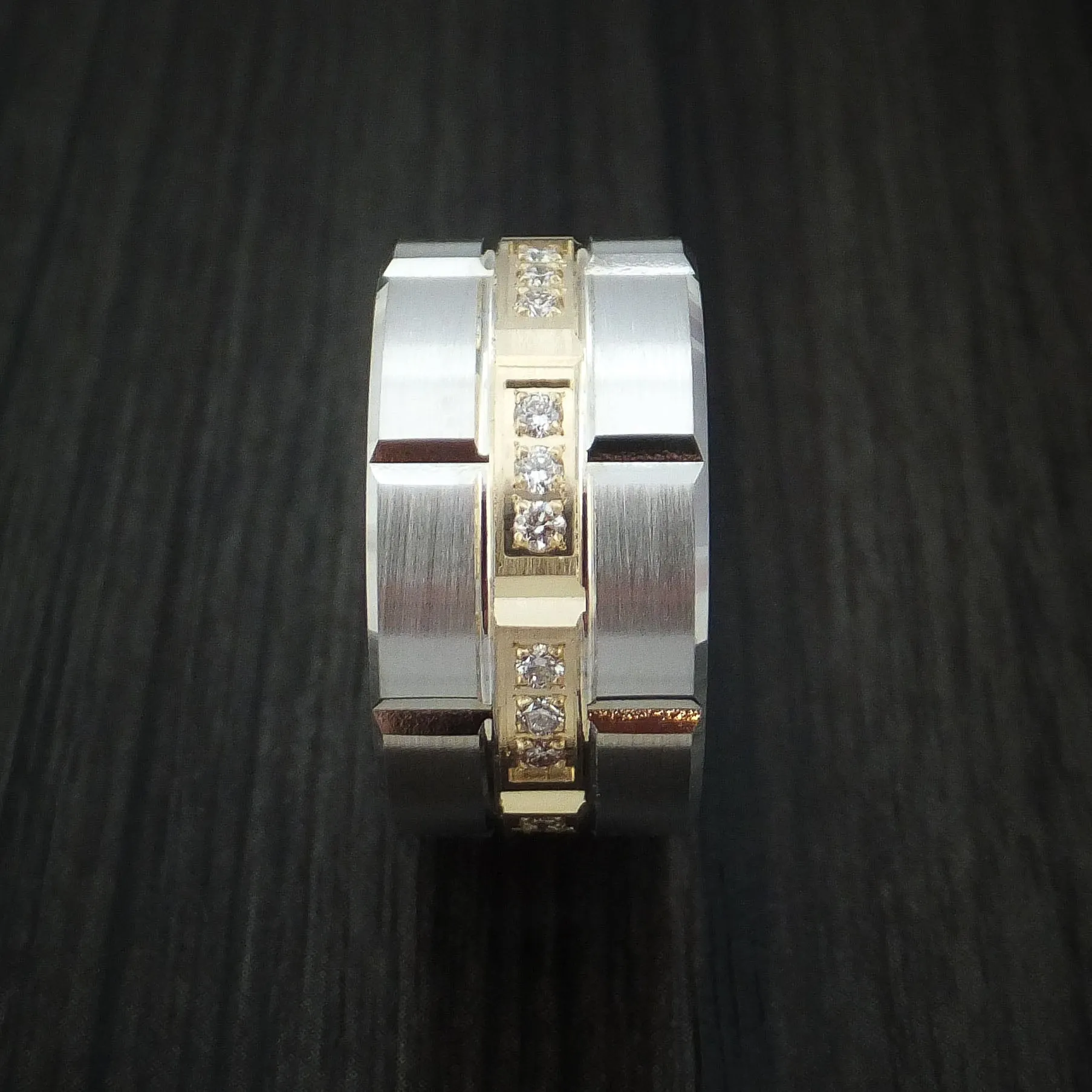 14K White Gold and Yellow Gold Band with Diamonds Custom Made Men's Ring