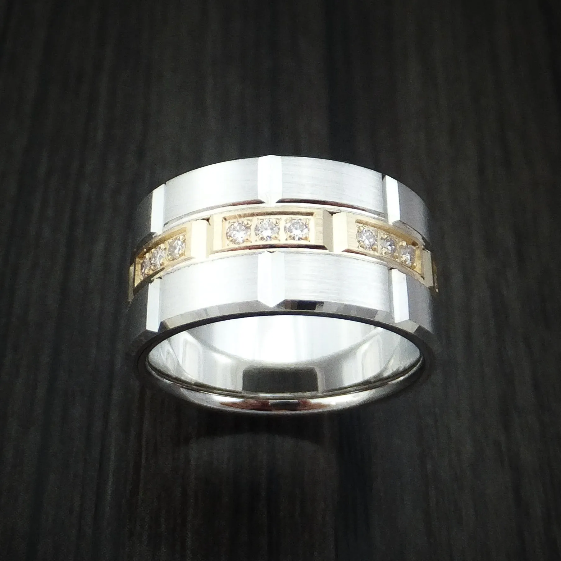 14K White Gold and Yellow Gold Band with Diamonds Custom Made Men's Ring