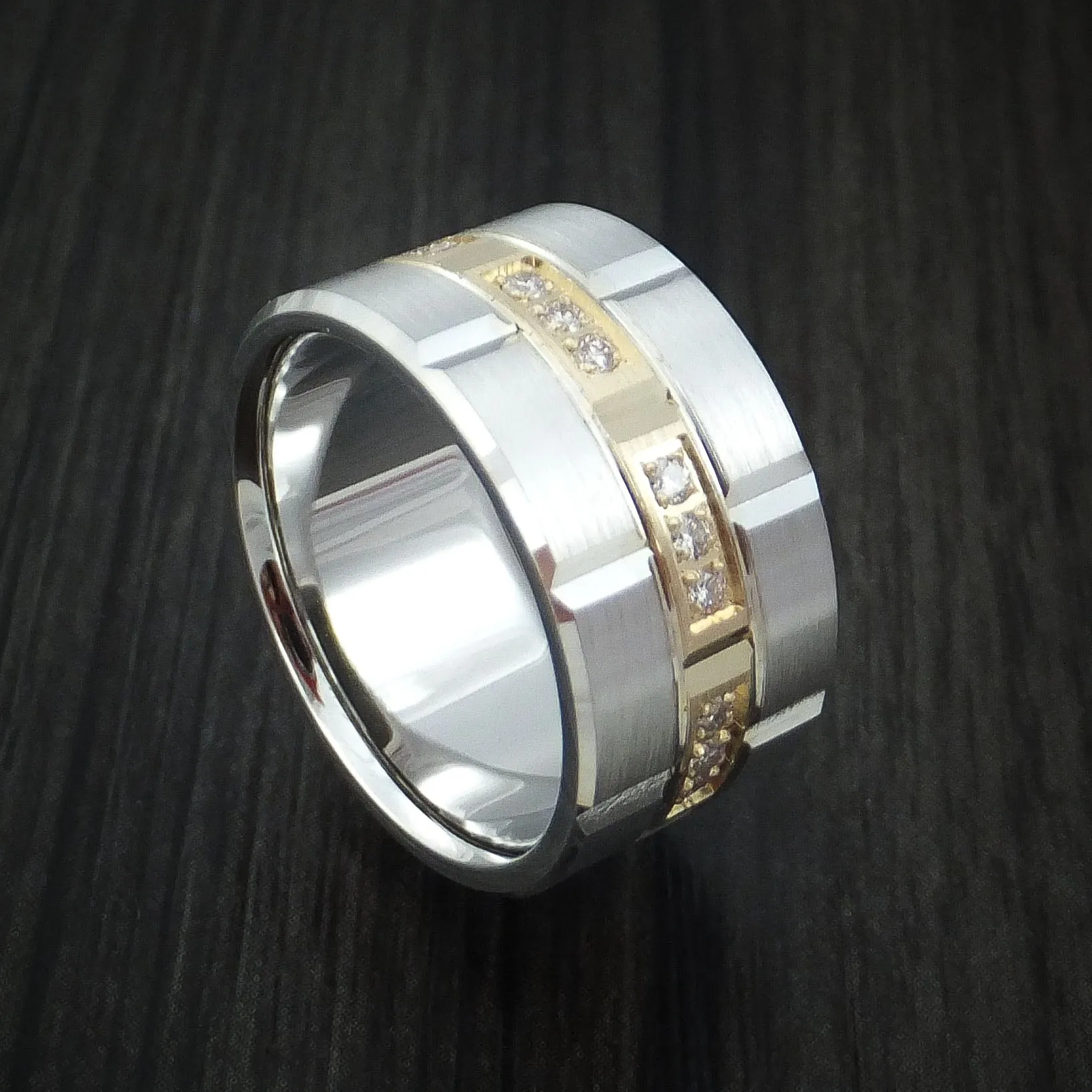 14K White Gold and Yellow Gold Band with Diamonds Custom Made Men's Ring