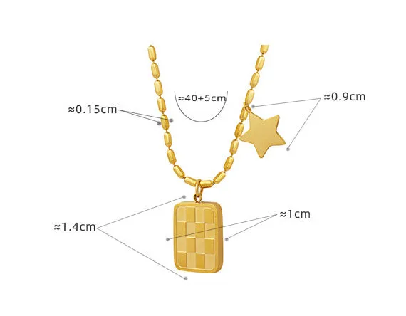 18K Gold Fashionable Simple Square Star Double Plate Design Pendant Necklace