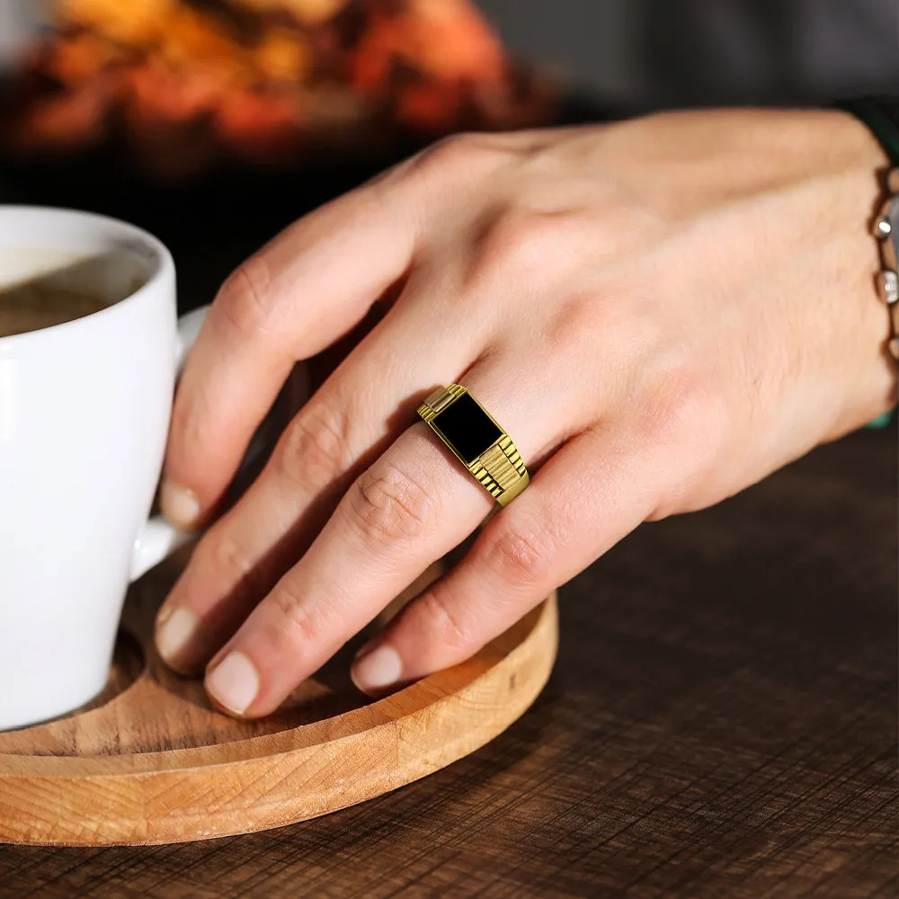 18k Gold Ring For Men with Natural Rectangle Black Onyx Stone