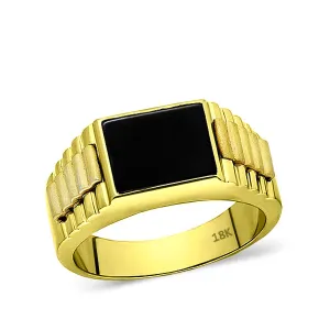 18k Gold Ring For Men with Natural Rectangle Black Onyx Stone