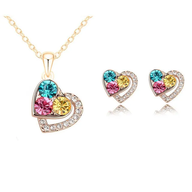 2015 New Arrival Heart Crystal African Fashion Costume Jewelry Sets for Women Pendants Necklace Earrings Sets