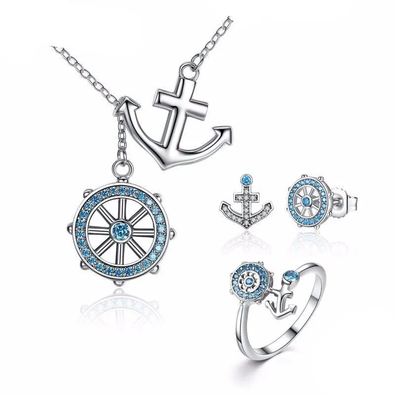 925 Sterling Silver Blue Anchor & Rudder Pendants Jewelry Set