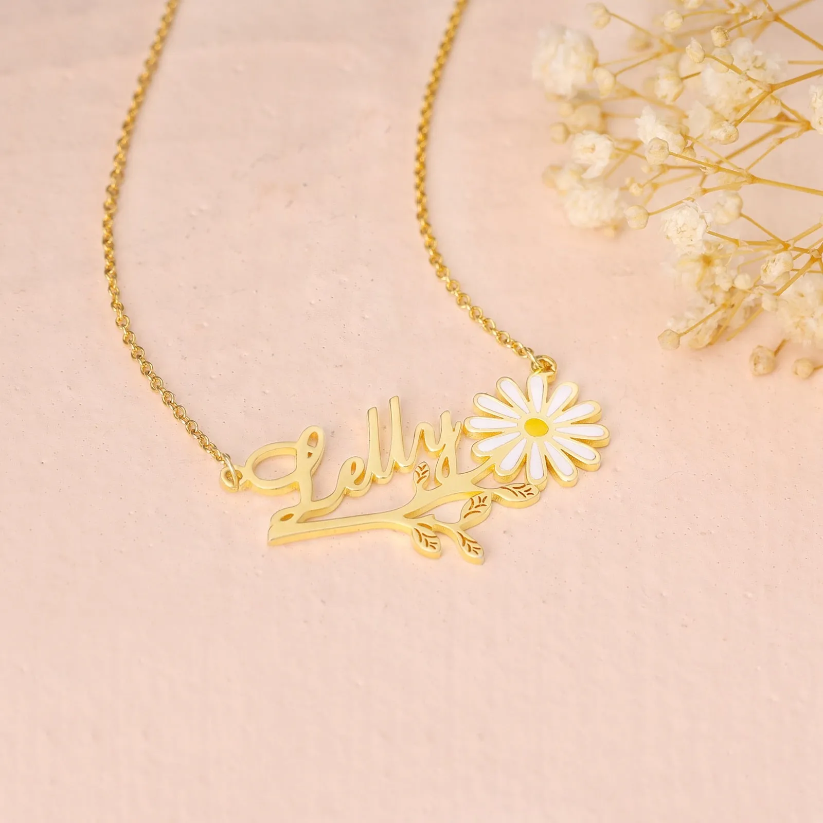 925 Sterling Silver Personalized Nameplate Pendant with Daisy Flower Branch Leaves Custom Letter Name Necklaces for Women Gifts