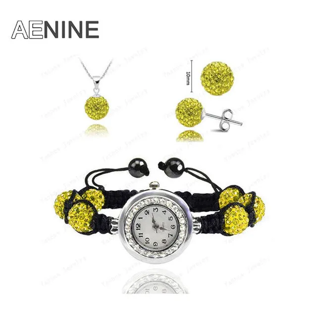 AENINE Watch Sets Necklace Bracelet Earrings Crystal Jewelry Watch Sets 10mm Micro Pave Disco Beads Crystal Jewelry Sets SHSE11