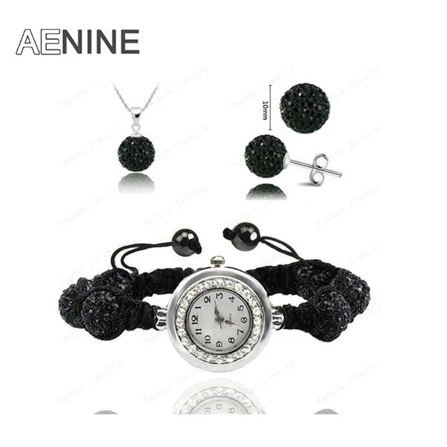 AENINE Watch Sets Necklace Bracelet Earrings Crystal Jewelry Watch Sets 10mm Micro Pave Disco Beads Crystal Jewelry Sets SHSE11