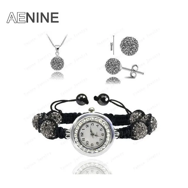 AENINE Watch Sets Necklace Bracelet Earrings Crystal Jewelry Watch Sets 10mm Micro Pave Disco Beads Crystal Jewelry Sets SHSE11