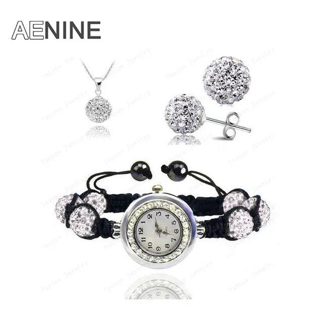 AENINE Watch Sets Necklace Bracelet Earrings Crystal Jewelry Watch Sets 10mm Micro Pave Disco Beads Crystal Jewelry Sets SHSE11