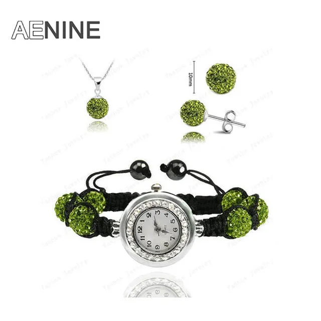 AENINE Watch Sets Necklace Bracelet Earrings Crystal Jewelry Watch Sets 10mm Micro Pave Disco Beads Crystal Jewelry Sets SHSE11