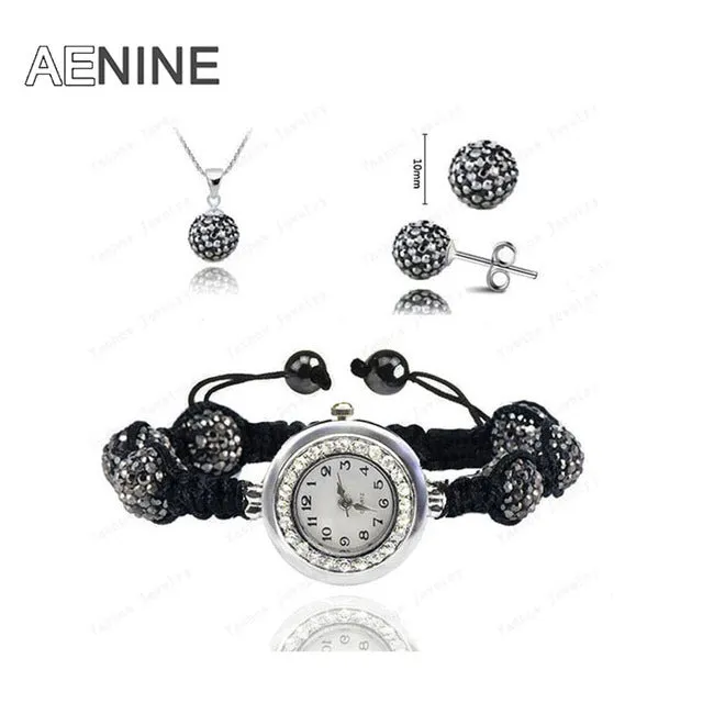 AENINE Watch Sets Necklace Bracelet Earrings Crystal Jewelry Watch Sets 10mm Micro Pave Disco Beads Crystal Jewelry Sets SHSE11