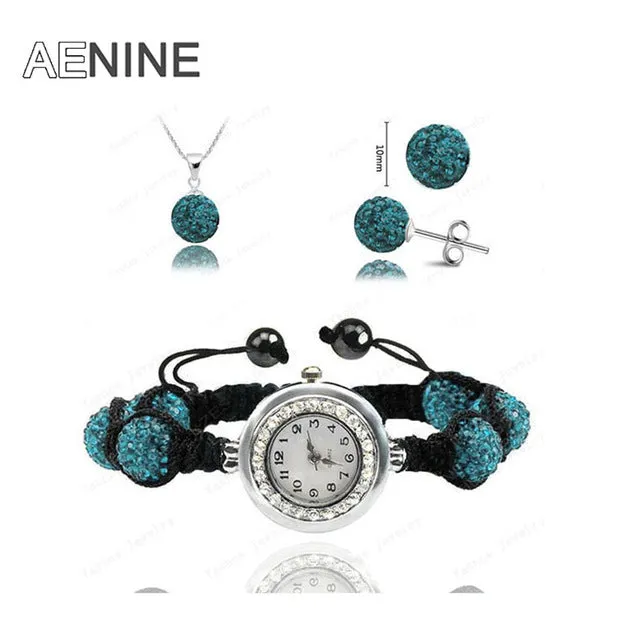 AENINE Watch Sets Necklace Bracelet Earrings Crystal Jewelry Watch Sets 10mm Micro Pave Disco Beads Crystal Jewelry Sets SHSE11