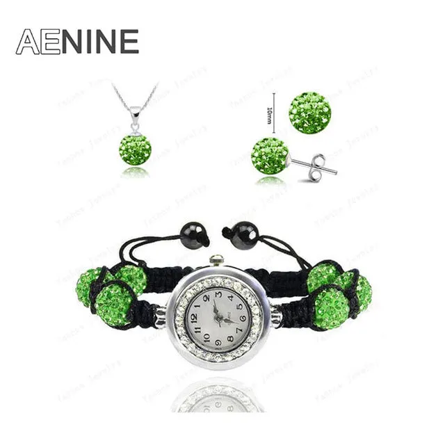 AENINE Watch Sets Necklace Bracelet Earrings Crystal Jewelry Watch Sets 10mm Micro Pave Disco Beads Crystal Jewelry Sets SHSE11