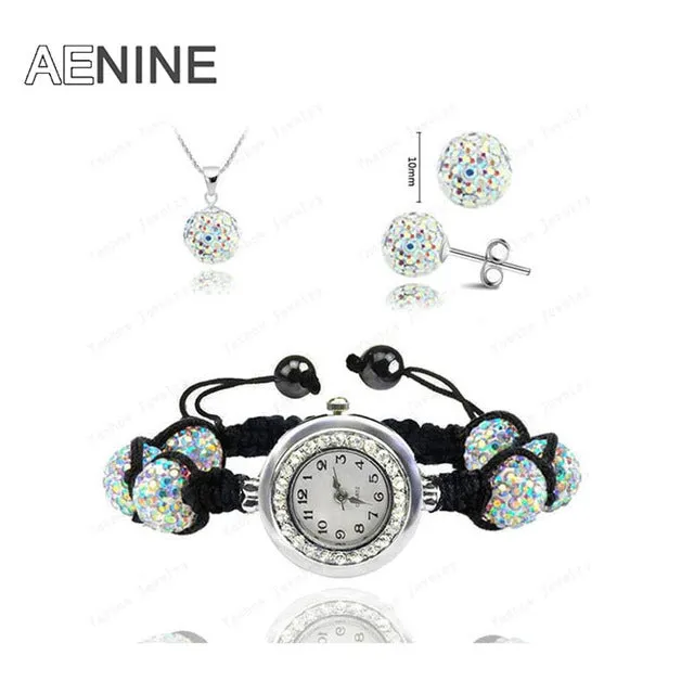 AENINE Watch Sets Necklace Bracelet Earrings Crystal Jewelry Watch Sets 10mm Micro Pave Disco Beads Crystal Jewelry Sets SHSE11