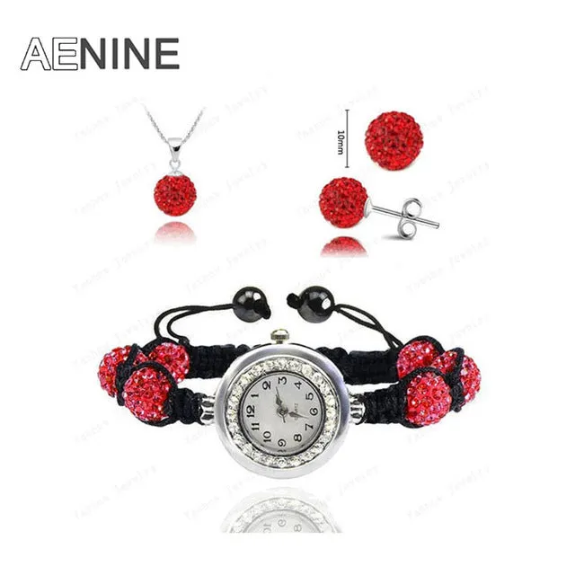 AENINE Watch Sets Necklace Bracelet Earrings Crystal Jewelry Watch Sets 10mm Micro Pave Disco Beads Crystal Jewelry Sets SHSE11