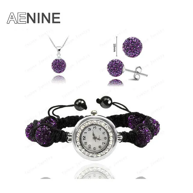 AENINE Watch Sets Necklace Bracelet Earrings Crystal Jewelry Watch Sets 10mm Micro Pave Disco Beads Crystal Jewelry Sets SHSE11