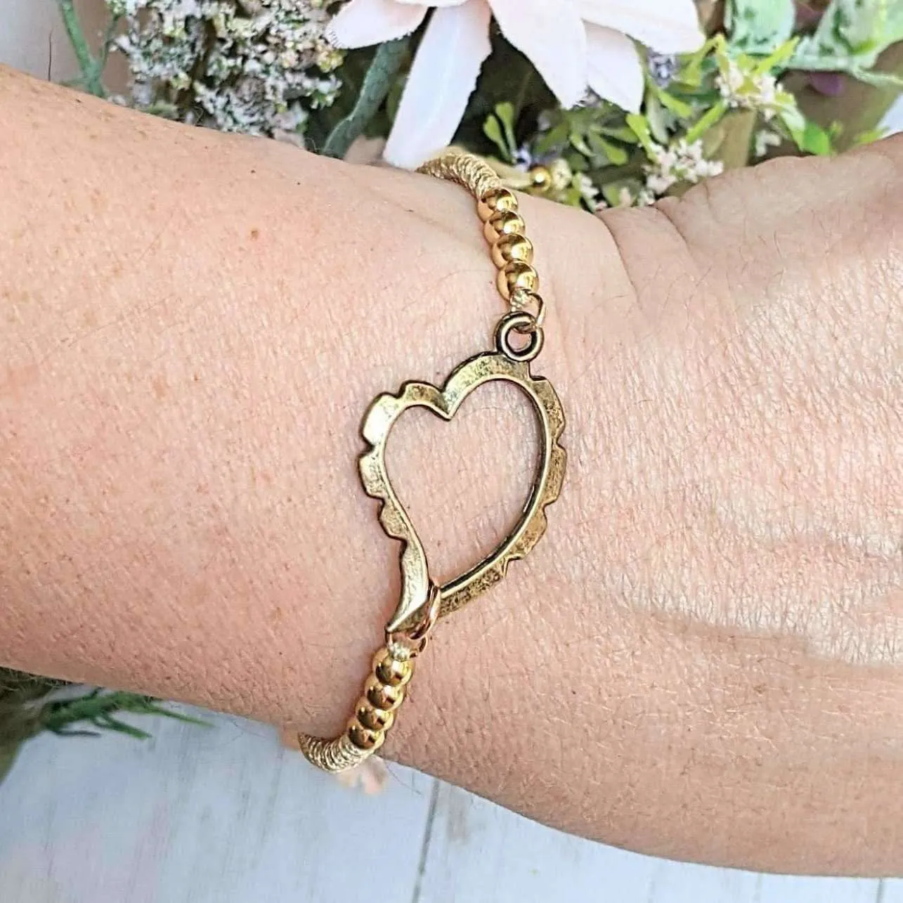 Art Deco Heart gold beaded Waxed Cord Bracelet