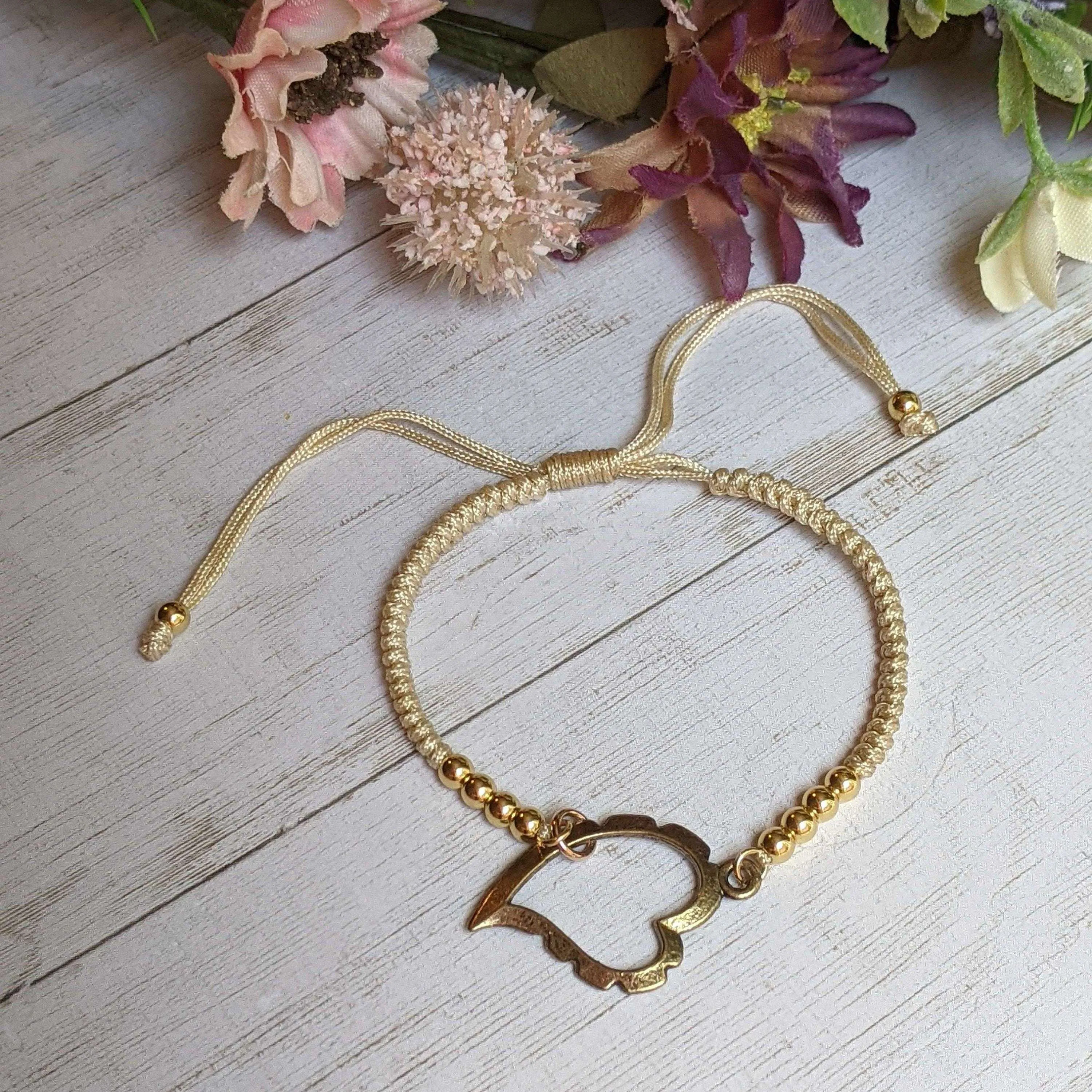 Art Deco Heart gold beaded Waxed Cord Bracelet