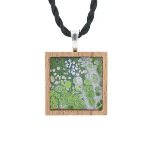 Art Necklace, green and purple painting in hardwood frame