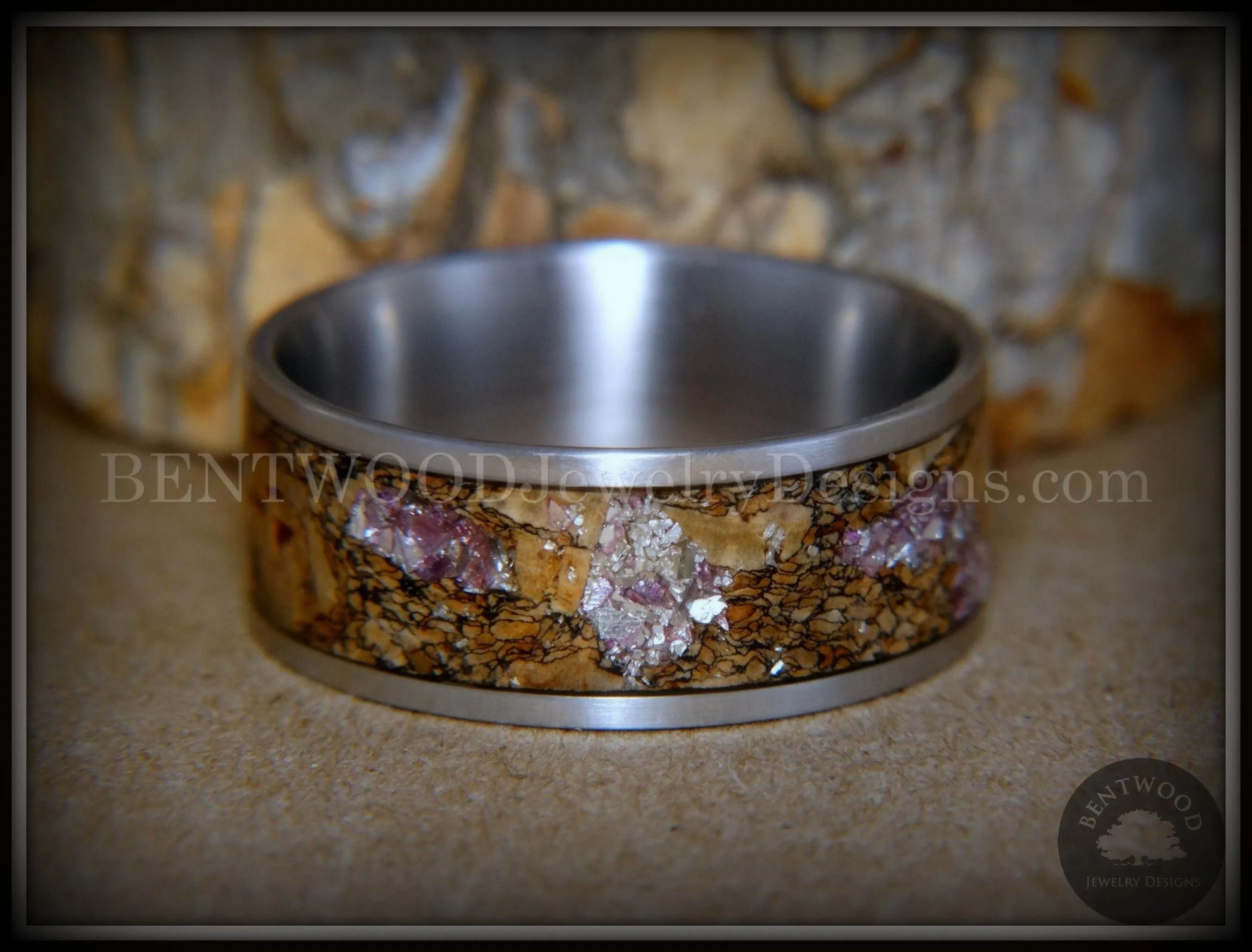 Bentwood Ring - Figured Brown Amethyst Glass Rare Mediterranean Oak Burl Wood Ring on Stainless Steel Comfort Fit Core