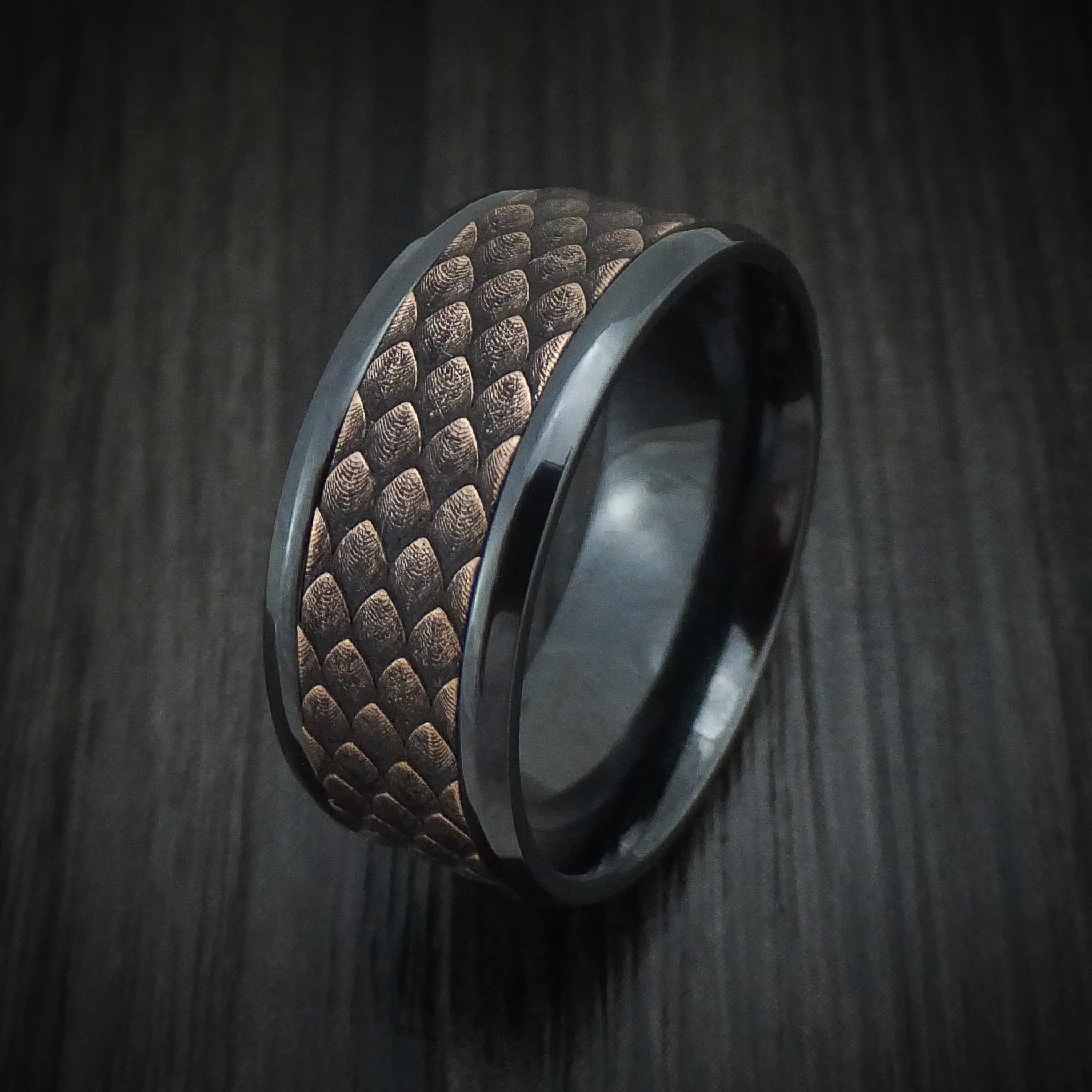 Black Titanium and Dragon Scale Textured 14K Rose Gold Men's Ring