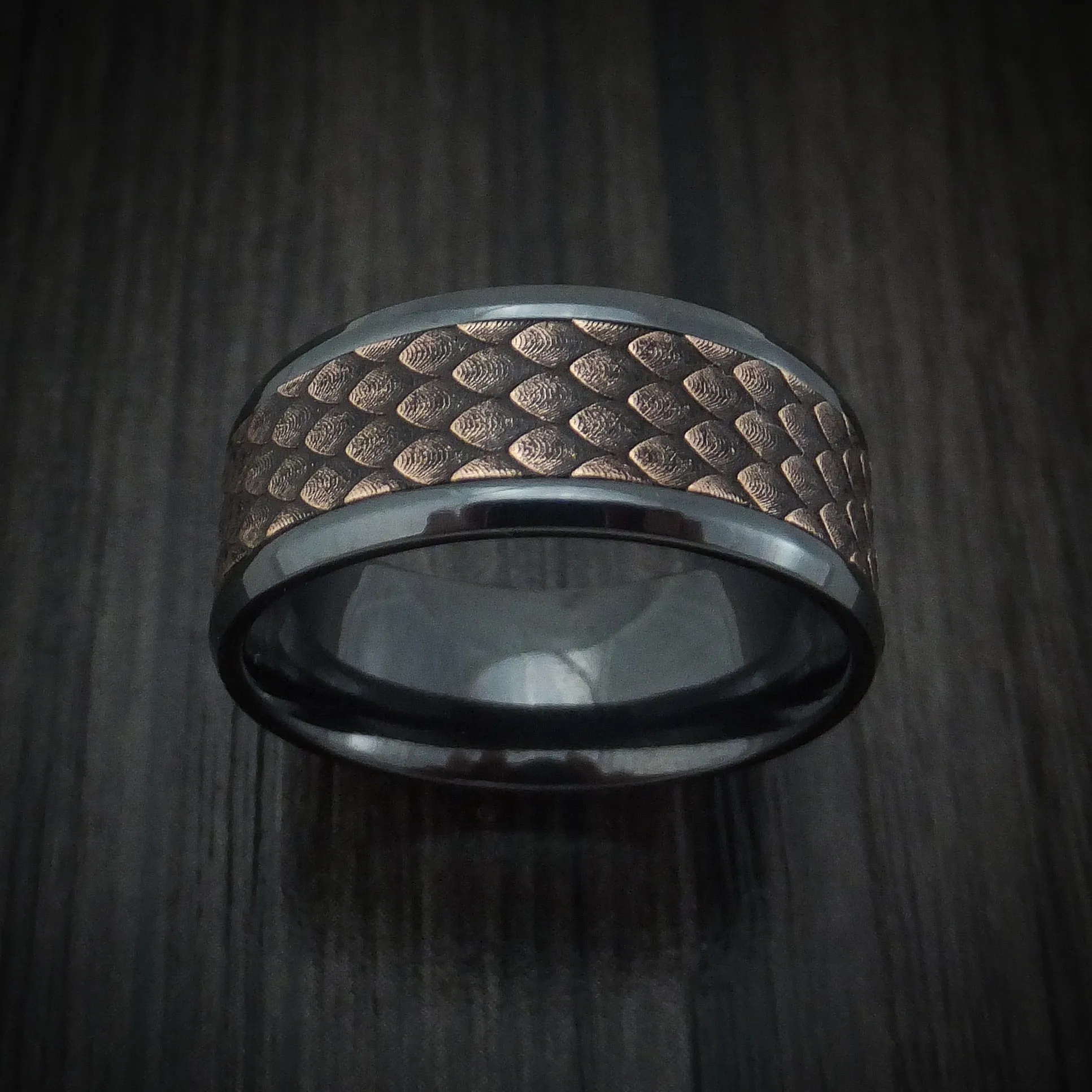 Black Titanium and Dragon Scale Textured 14K Rose Gold Men's Ring