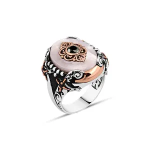 Black Zircon Eye Figure on White Ellipse Mother of Pearl Stone Silver Men's Ring Siding Double Sword and Silver Spheres