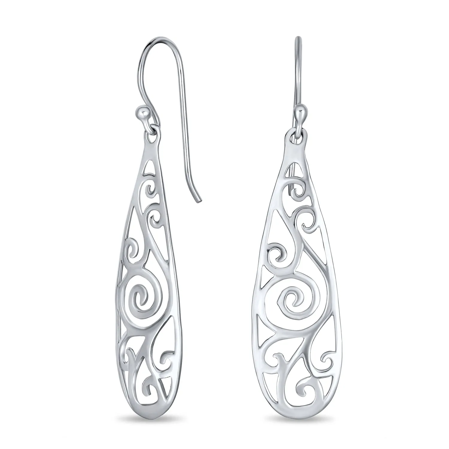 Boho Filgree Swirl Long Dangling Teardrop Earrings 925 Sterling Silver