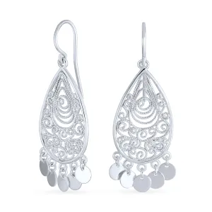 Boho Filgree Swirl Long Dangling Teardrop Earrings 925 Sterling Silver