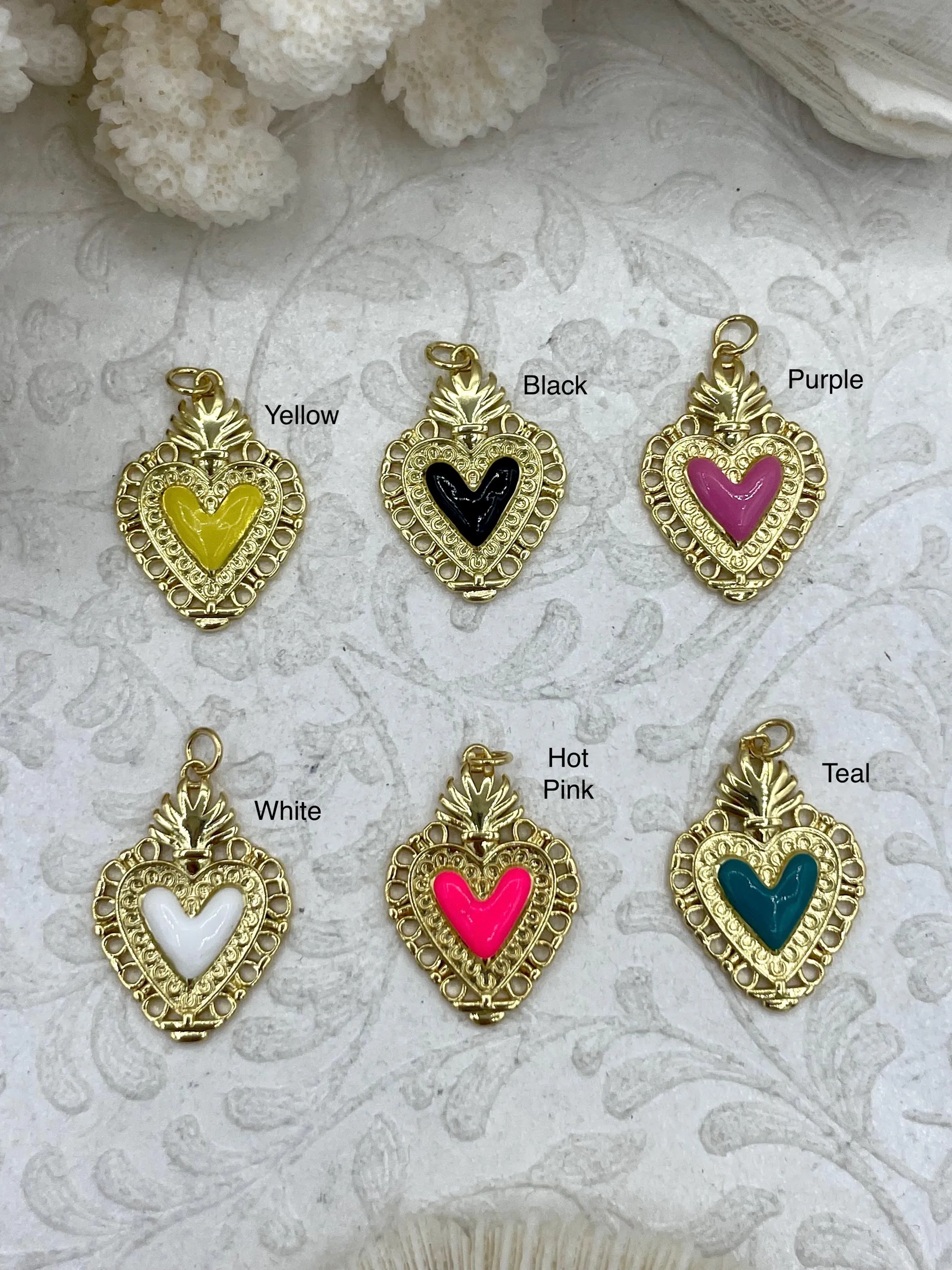 Colorful Enamel and Gold Heart Pendants, Gold Heart Charms, 6 Colors, Enamel and Gold Plated Brass Pendants, Colorful Hearts, Fast Ship.