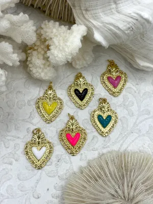 Colorful Enamel and Gold Heart Pendants, Gold Heart Charms, 6 Colors, Enamel and Gold Plated Brass Pendants, Colorful Hearts, Fast Ship.