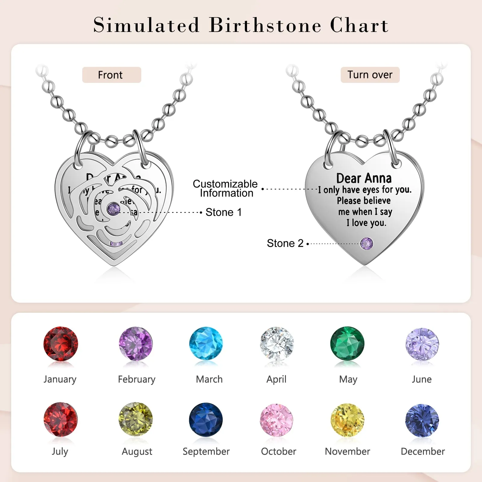 Customized Engraving Heart Pendant With 2 Birthstone