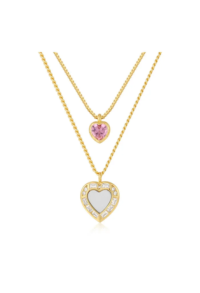 Double Heart Charm Necklace-Pink