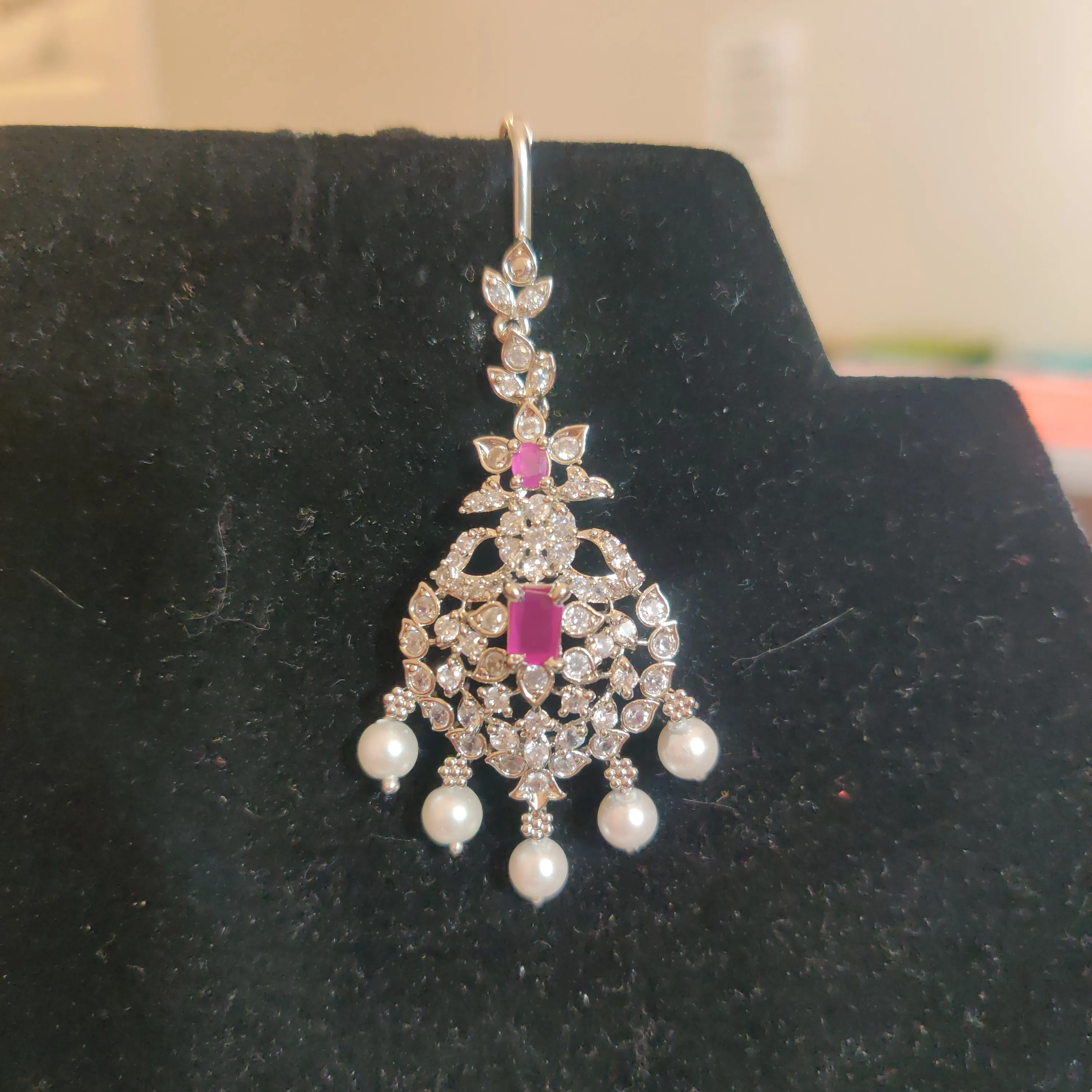 Elegant AD Maang Tikka With Purple Stone And Pearls