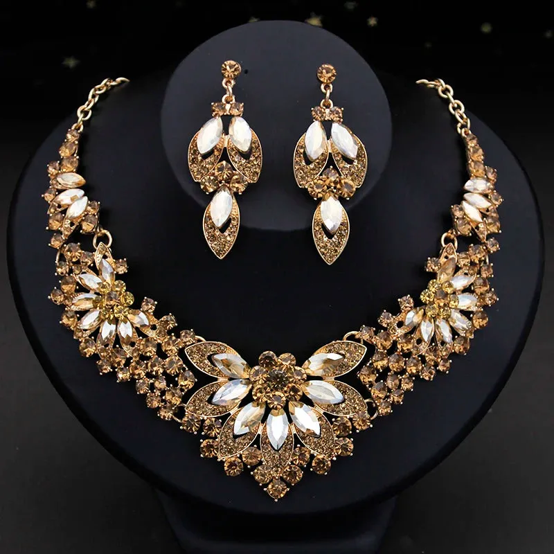 Elegant Champagne Crystal Bridal Fashion Jewelry Sets Crown Tiara Necklace Earring Accessories