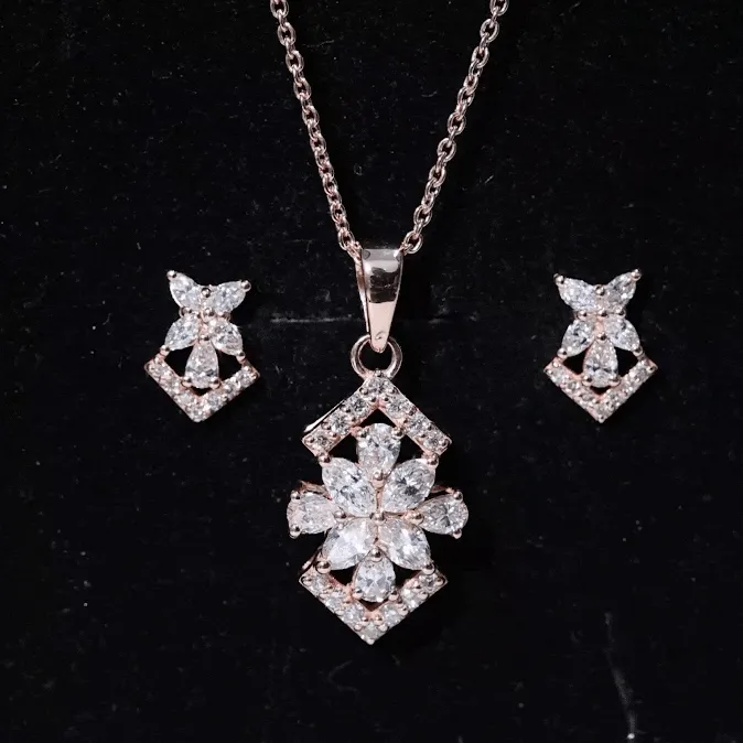 Elegant Diamond Flower Pendant Earrings Set