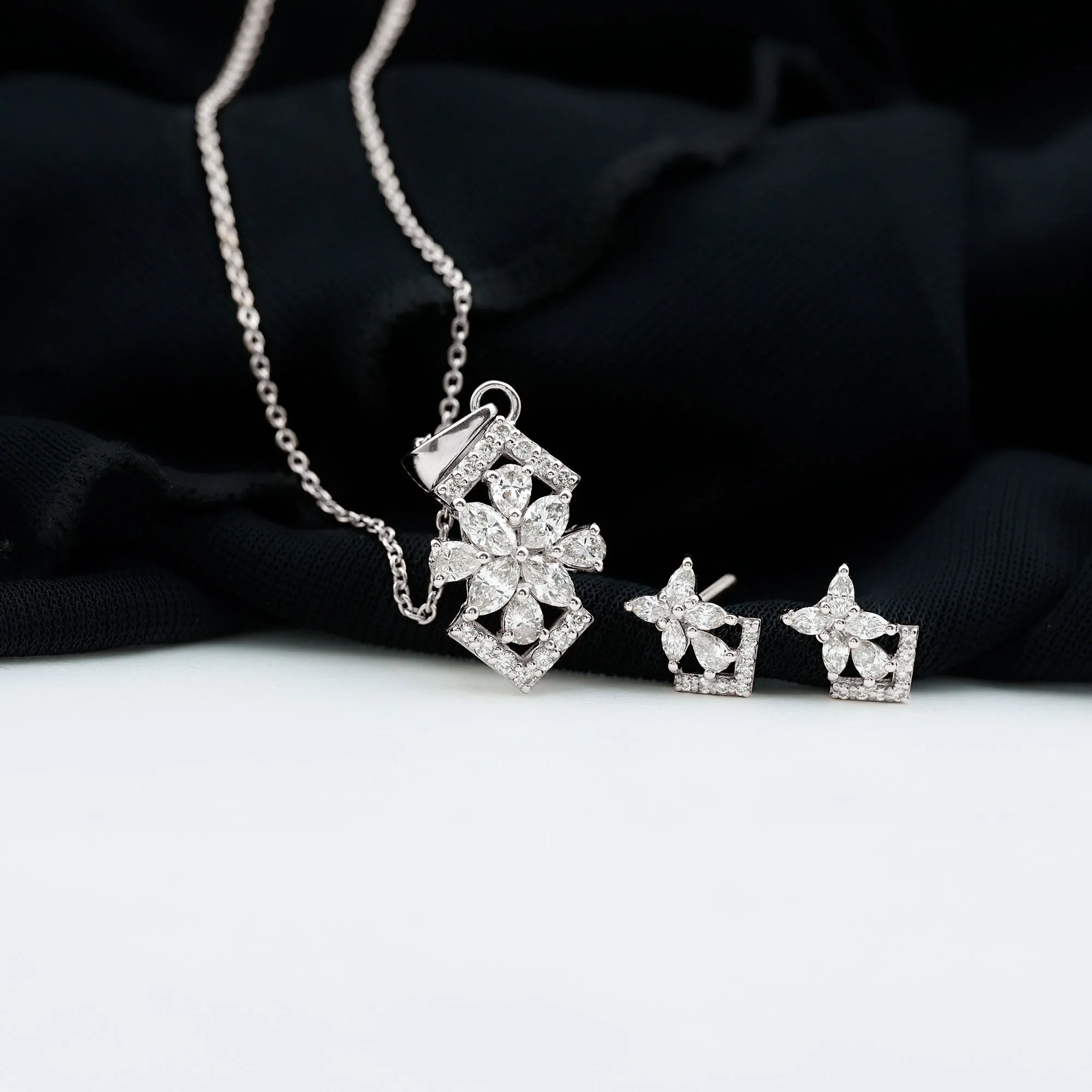 Elegant Diamond Flower Pendant Earrings Set