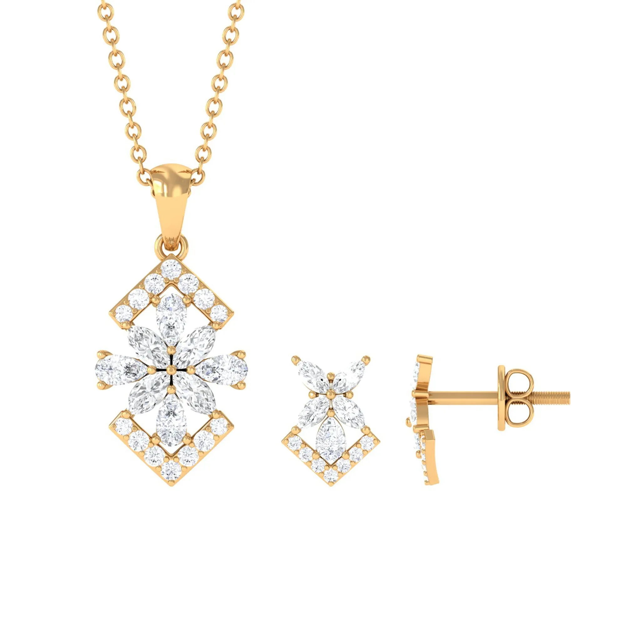 Elegant Diamond Flower Pendant Earrings Set