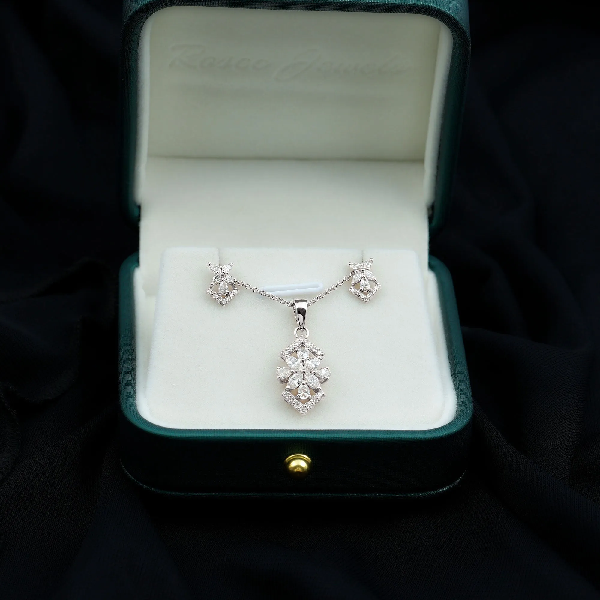 Elegant Diamond Flower Pendant Earrings Set