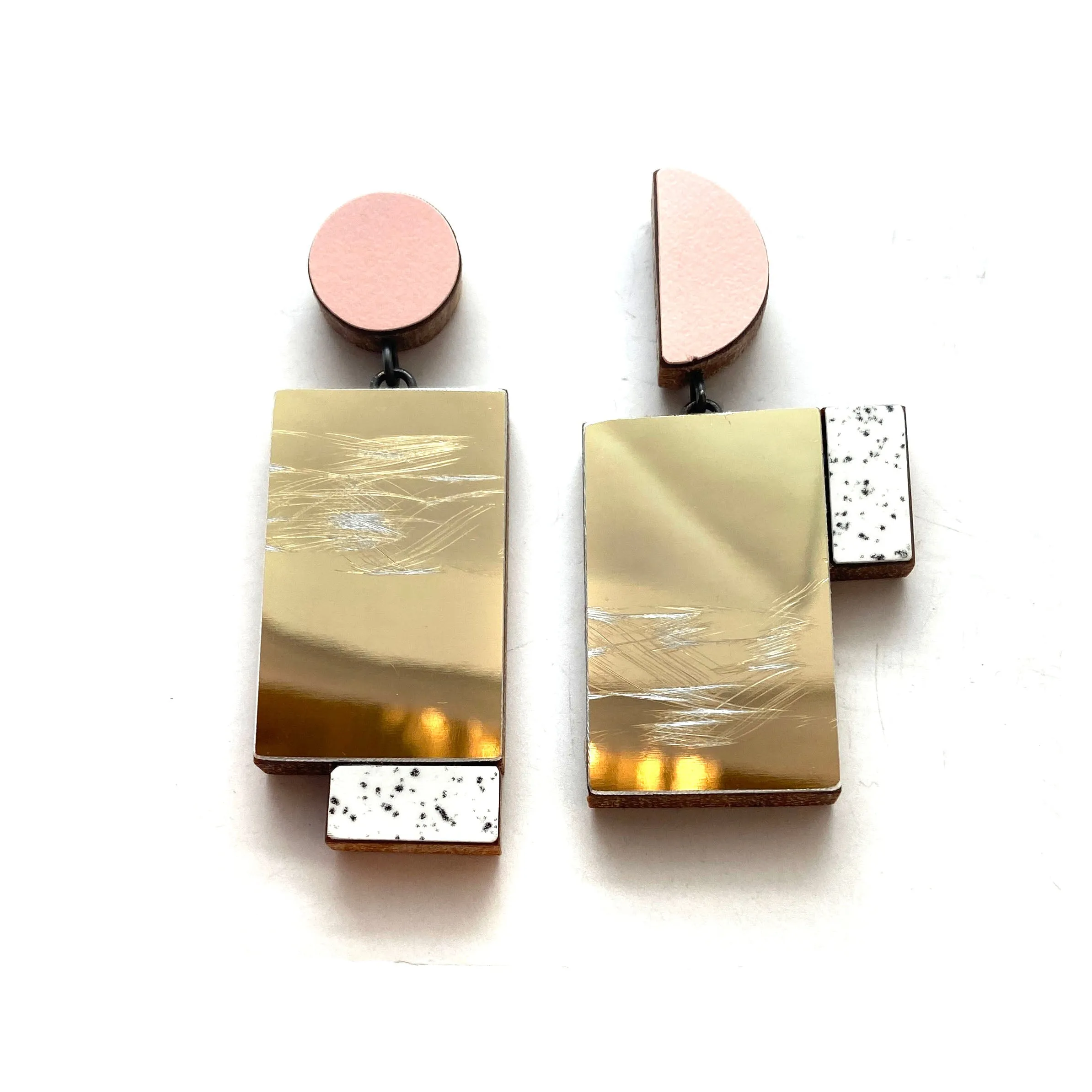 Geometric Earrings - Pink, Marble and Textured Gold