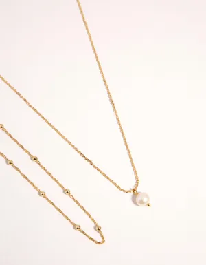 Gold Plated 2-Row Single Pearl Drop Necklace