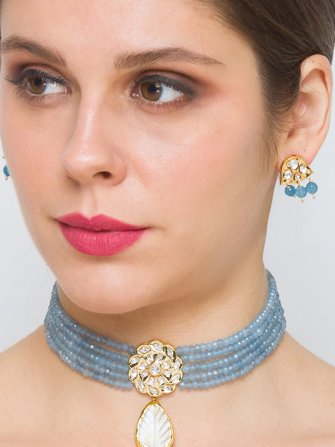 Golden and Sky blue Kundan Polki Earrings