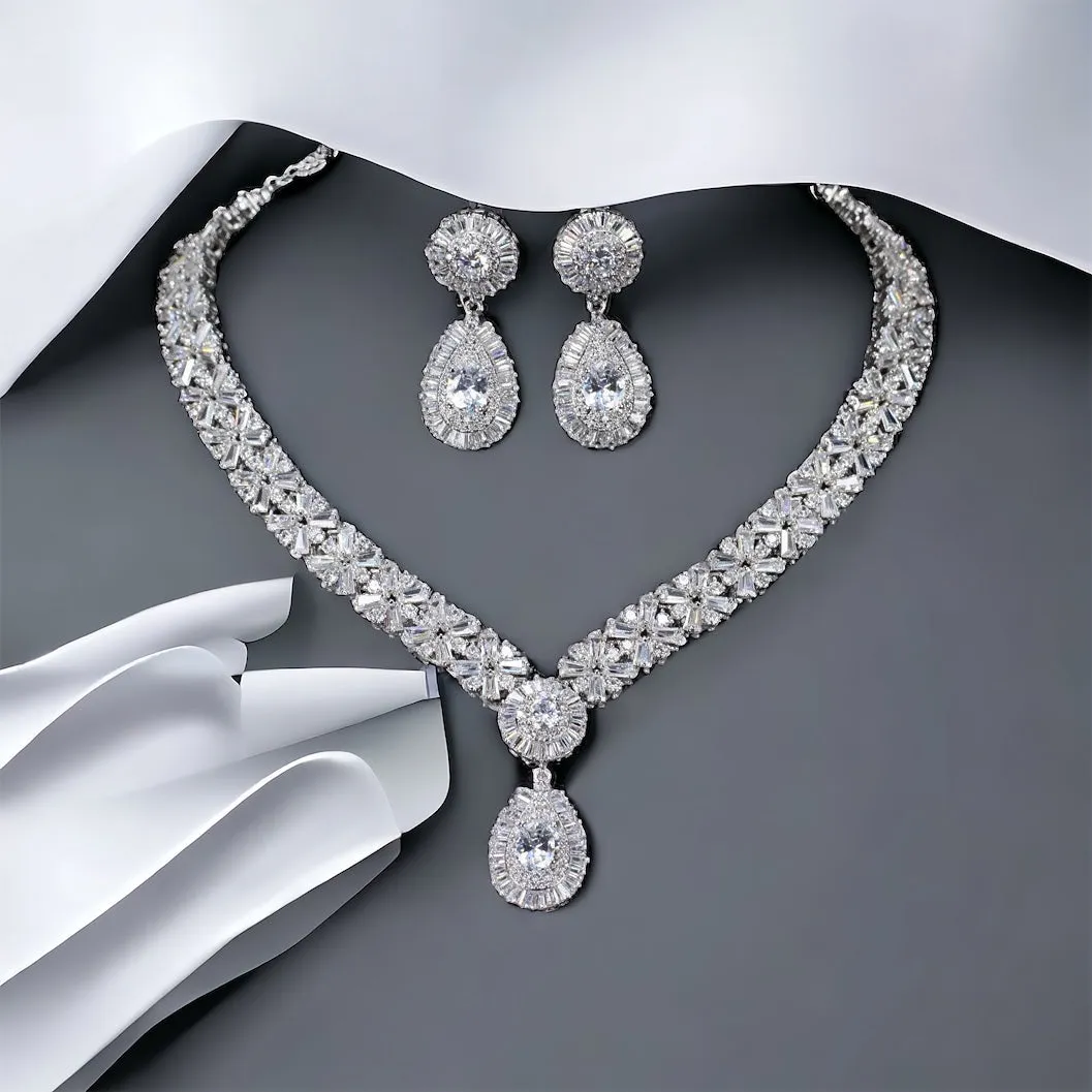 Grand Boho CZ Floral Crystal Bridal Jewellery Set, Cubic Zirconia Necklace and Earrings Set