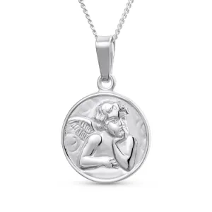 Guardian Angel Medal Cherub Pendant Necklace .925Sterling Silver