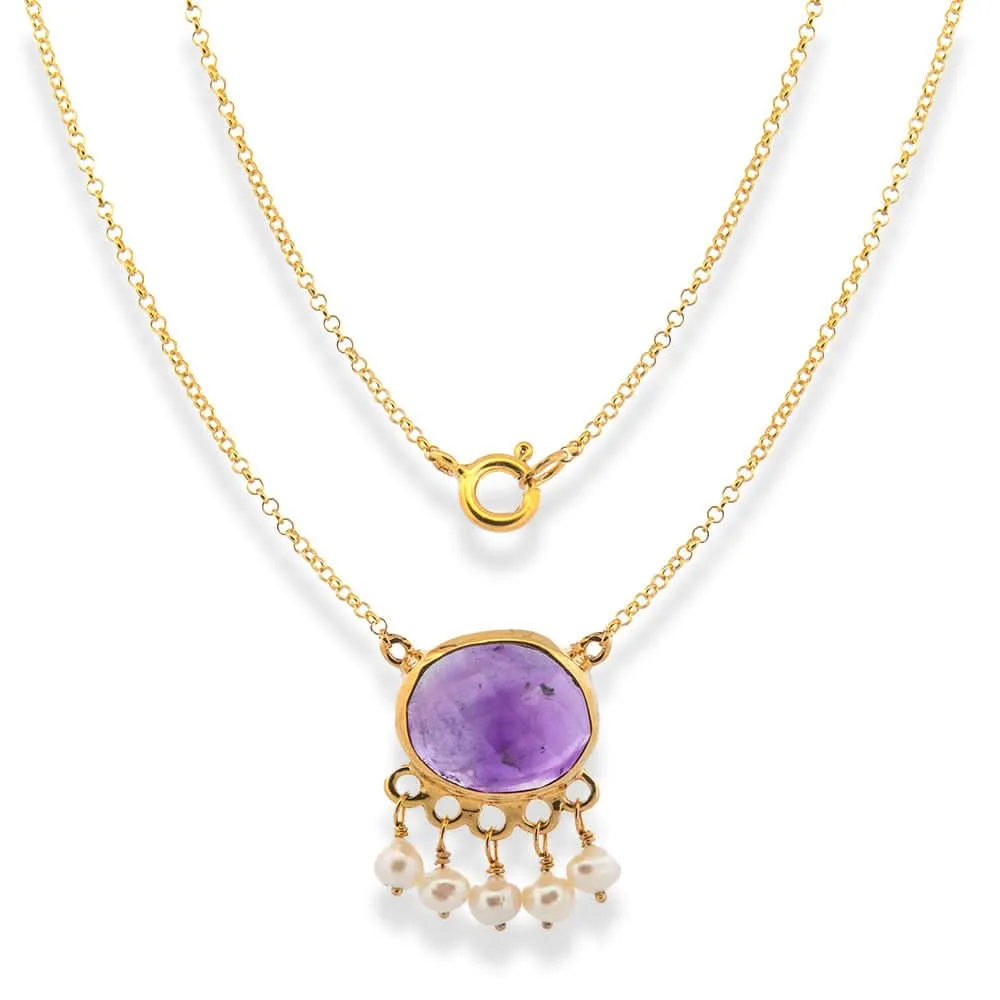 Handmade Short Gold Plated Silver Chain Necklace With Amethyst & Pearls