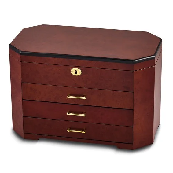 High Gloss Burlwood Veneer Black Accents 3-drawer Locking Wooden Jewelry Box