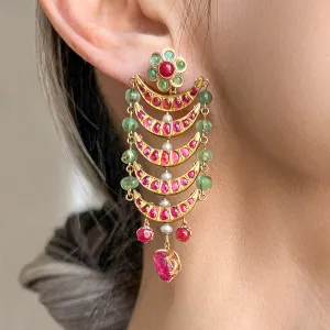 Indian Ruby, Emerald & Pearl Drop Earrings